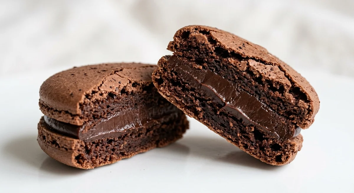 Macarons maison ouverts montrant leur ganache au chocolat et leur texture moelleuse à l'intérieur