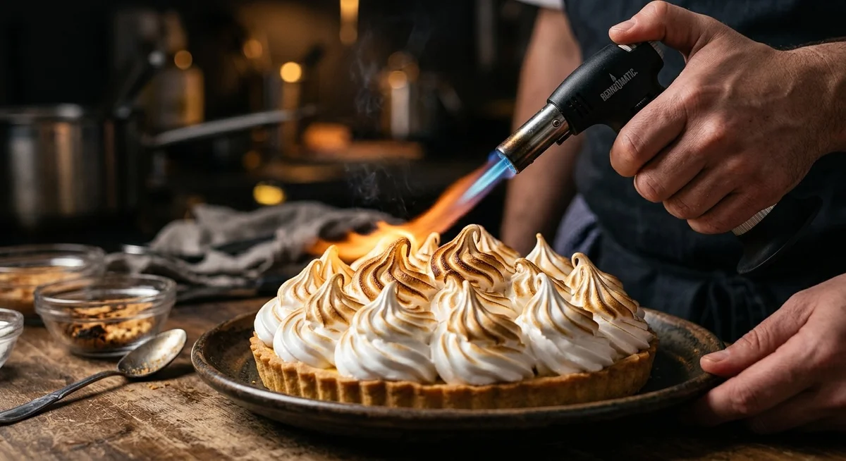 Chalumeau de cuisine dorant une meringue italienne sur une tarte au citron meringuée maison