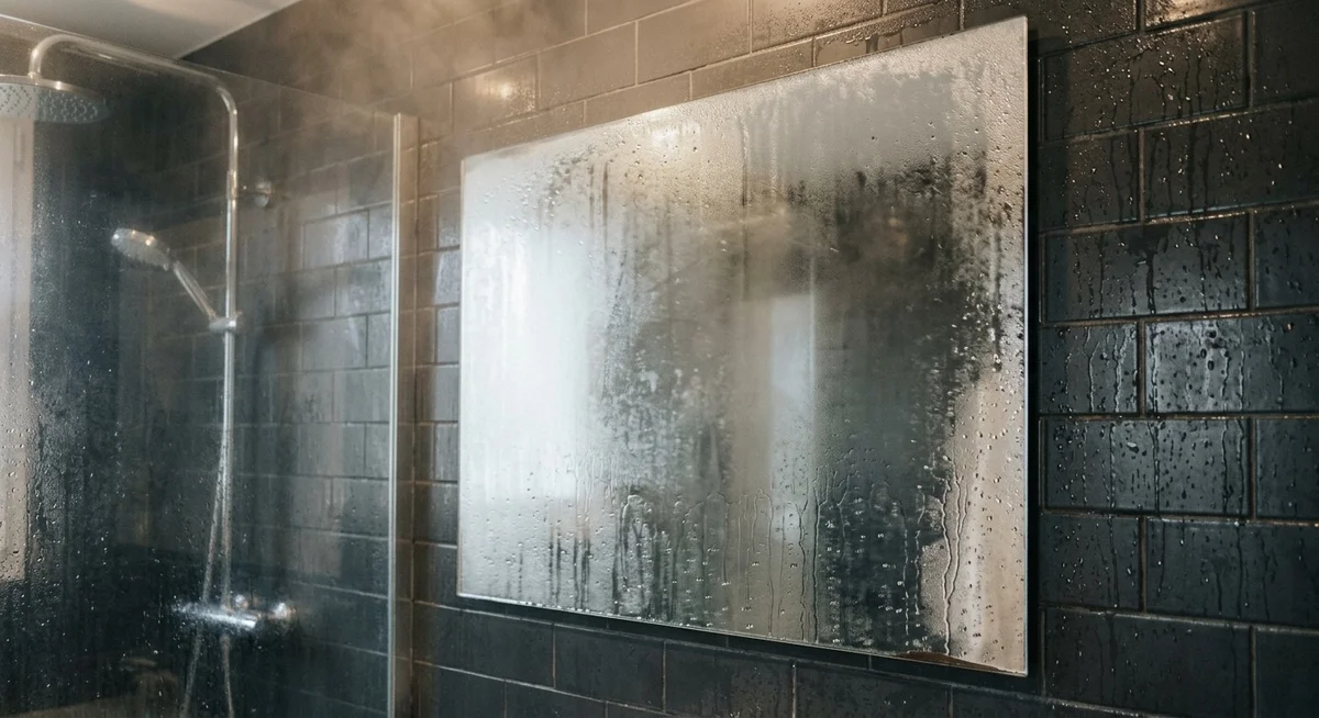 Condensation sur les murs et miroir embué dans une salle de bain mal ventilée