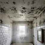 Taches noires de moisissures sur le plafond d'une salle de bain humide