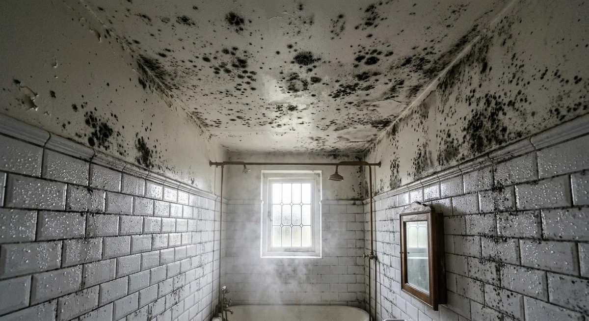 Taches noires de moisissures sur le plafond d'une salle de bain humide