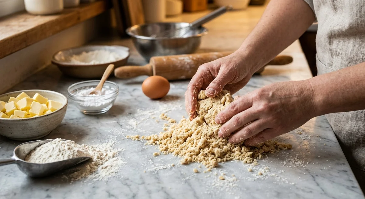 Mains qui travaillent la pâte sablée maison sur un plan de travail fariné pour une recette de tarte au citron