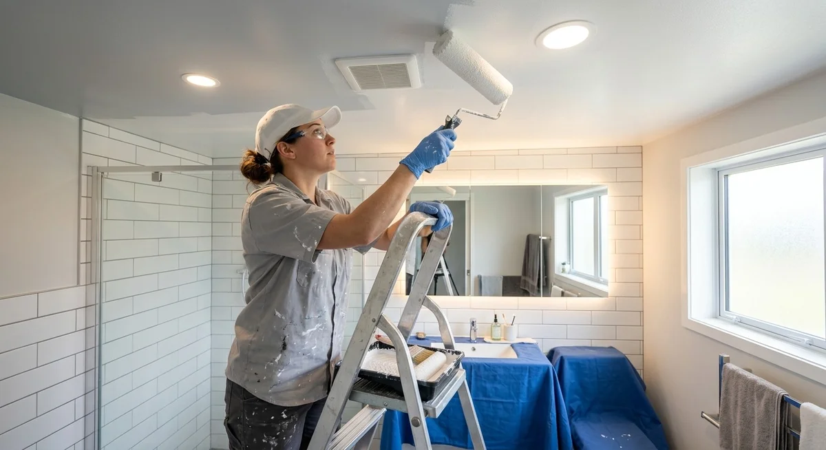 Peintre appliquant une peinture anti-moisissure sur le plafond d'une salle de bain
