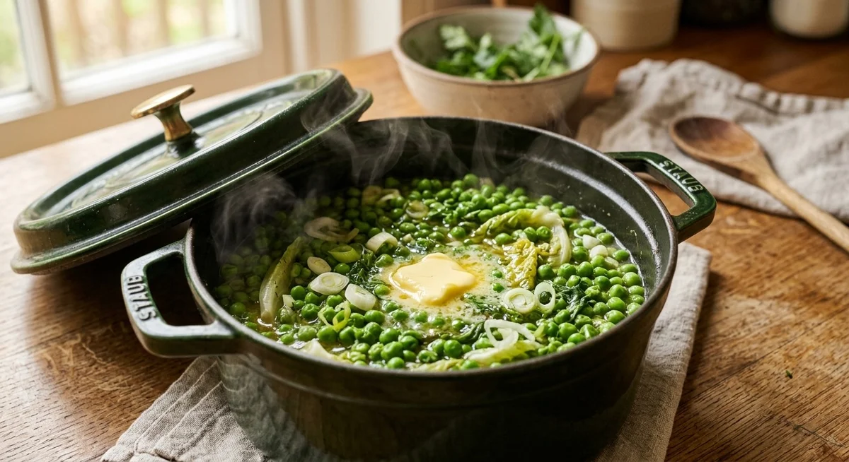 Cocotte en fonte avec des petits pois à la française, oignons nouveaux et feuilles de laitue mijotant au beurre