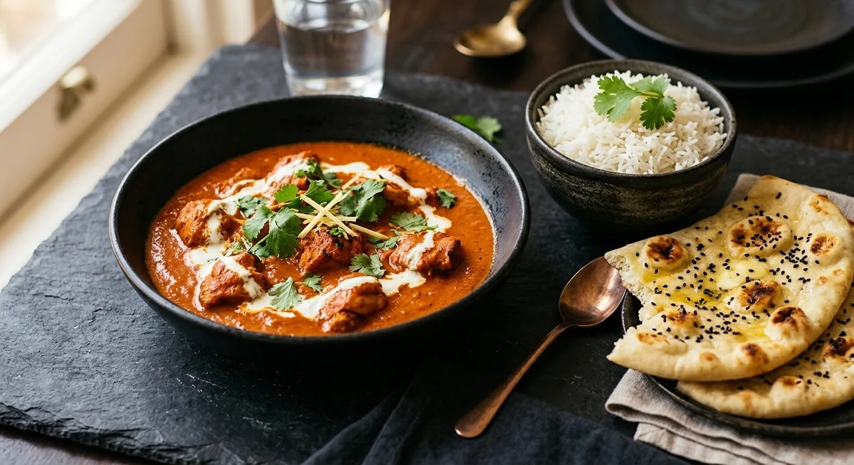 Poulet au beurre dressé dans un bol avec riz basmati coriandre fraîche et pain naan fait maison