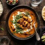 Assiette de poulet au beurre sauce crémeuse orangée servie avec riz basmati et naan