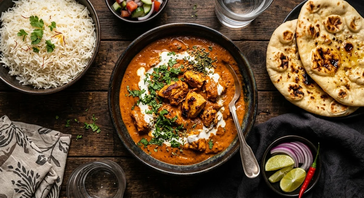 Assiette de poulet au beurre sauce crémeuse orangée servie avec riz basmati et naan