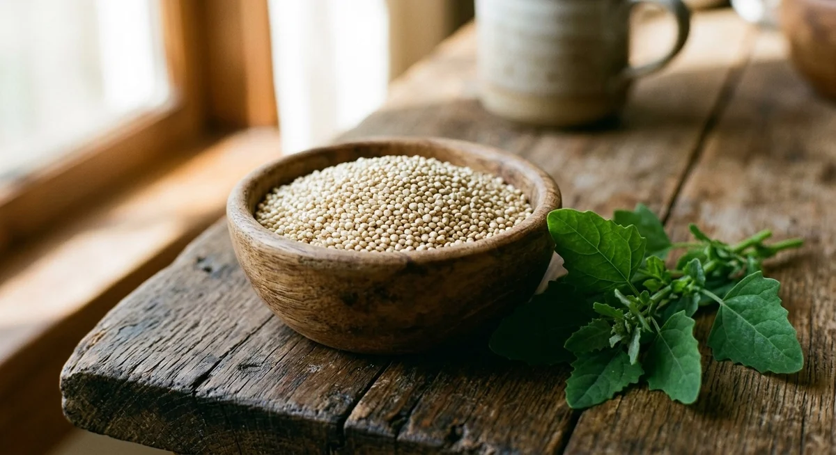 Graines de quinoa blanc cru dans un bol en bois avec feuilles vertes et fond naturel