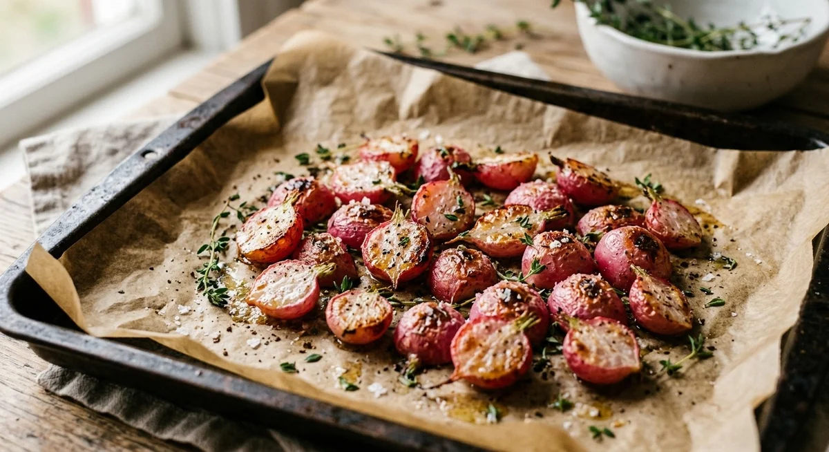 Plat de radis roses rôtis au four avec beurre fondu, thym frais et fleur de sel sur plaque de cuisson