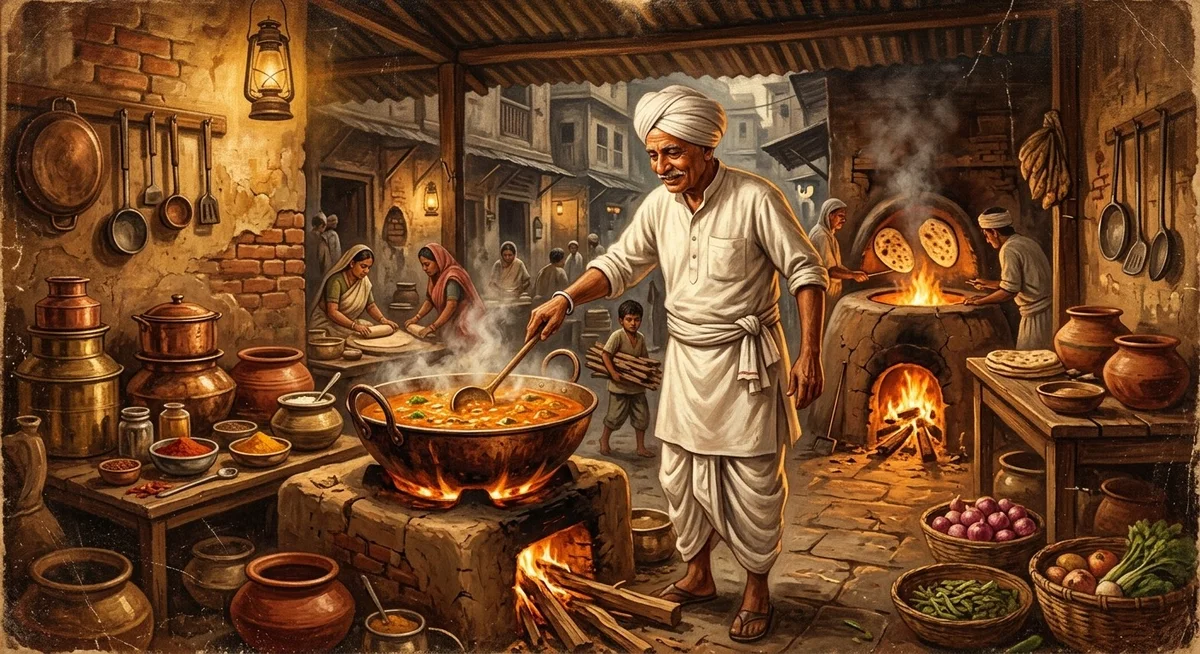 Origine du murgh makhani – restaurant Moti Mahal à Delhi Illustration évoquant la cuisine indienne traditionnelle de New Delhi années 1950 origine du poulet au beurre