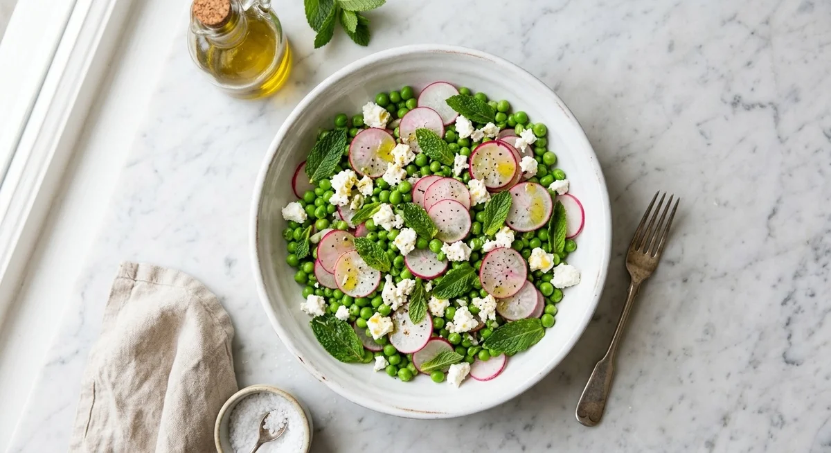 Bol de salade printanière avec petits pois verts, rondelles de radis roses, dés de feta blanche et feuilles de menthe fraîche