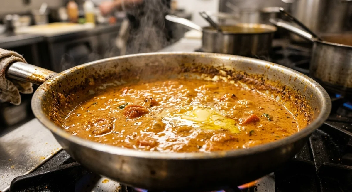Sauce tomate crémeuse orangée pour poulet au beurre dans une casserole avec beurre et épices