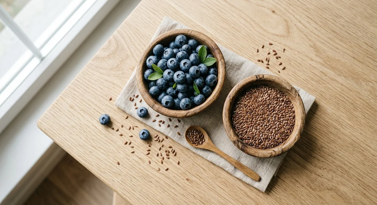 Myrtilles fraîches et graines de lin dans des bols en bois sur une table en bois clair