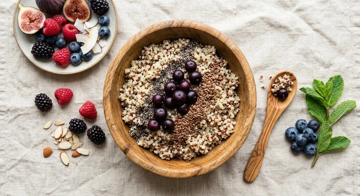 Bol coloré présentant du quinoa, des baies d'açaï et des graines de chia – bienfaits des superaliments