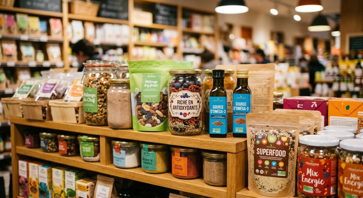 Étiquettes de produits superaliments avec allégations santé dans un magasin bio