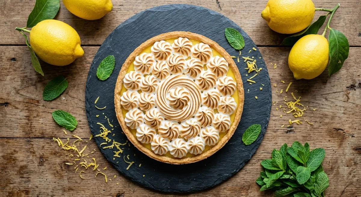 Tarte au citron meringuée entière sur une assiette en ardoise avec zestes de citron frais