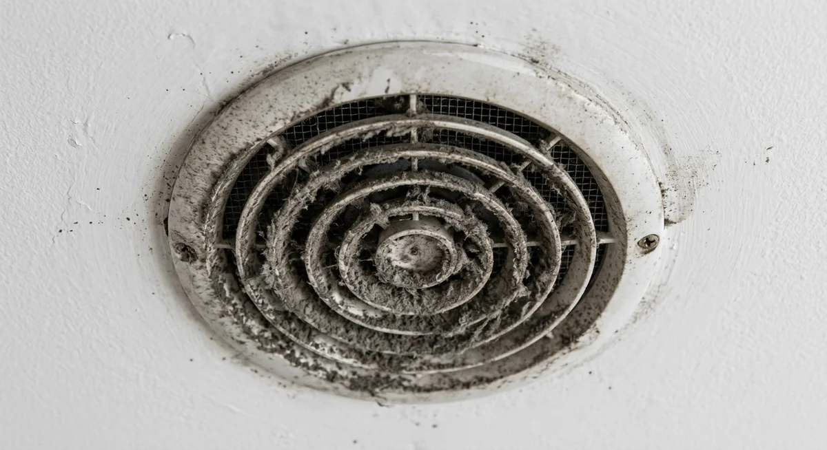 Bouche d'extraction VMC couverte de poussière et de dépôts dans une salle de bain