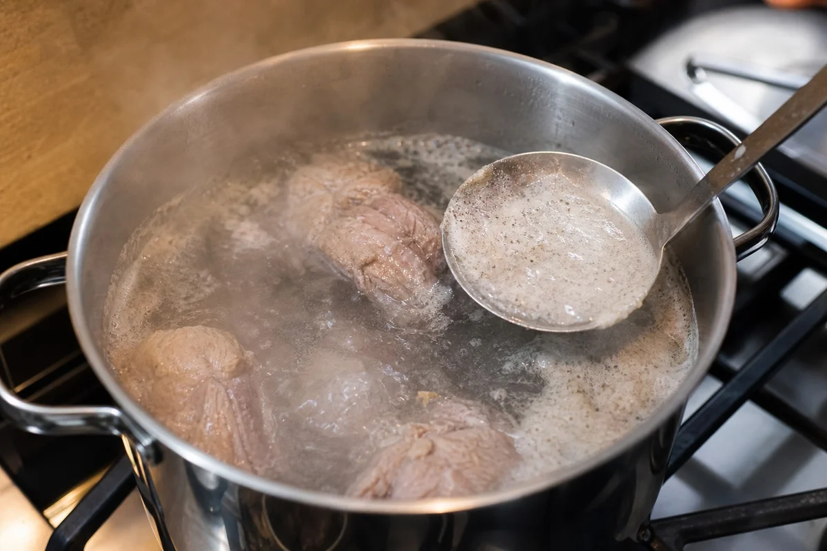 Blanchiment du veau à l'eau froide – étape recette blanquette Morceaux de veau dans une casserole d'eau froide portés à ébullition pour blanchiment