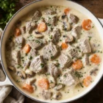 Blanquette de veau maison dans une cocotte avec sauce veloutée, carottes et champignons