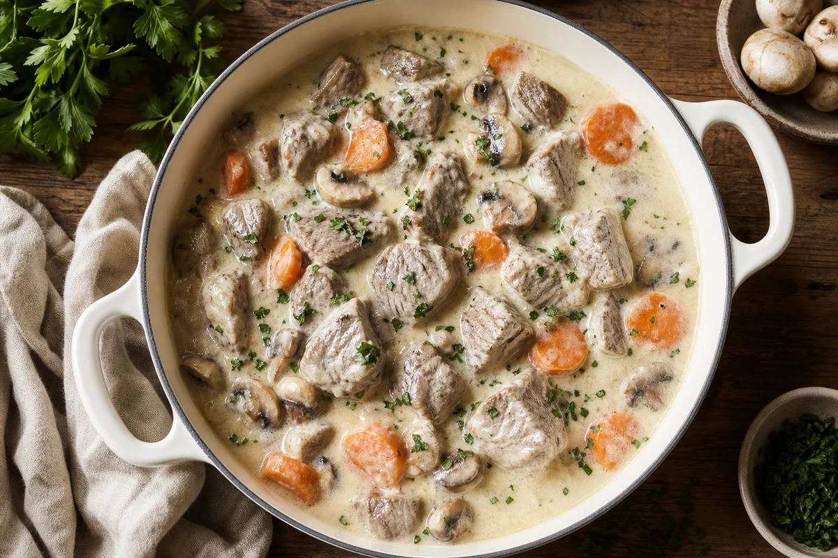 Blanquette de veau maison dans une cocotte avec sauce veloutée, carottes et champignons
