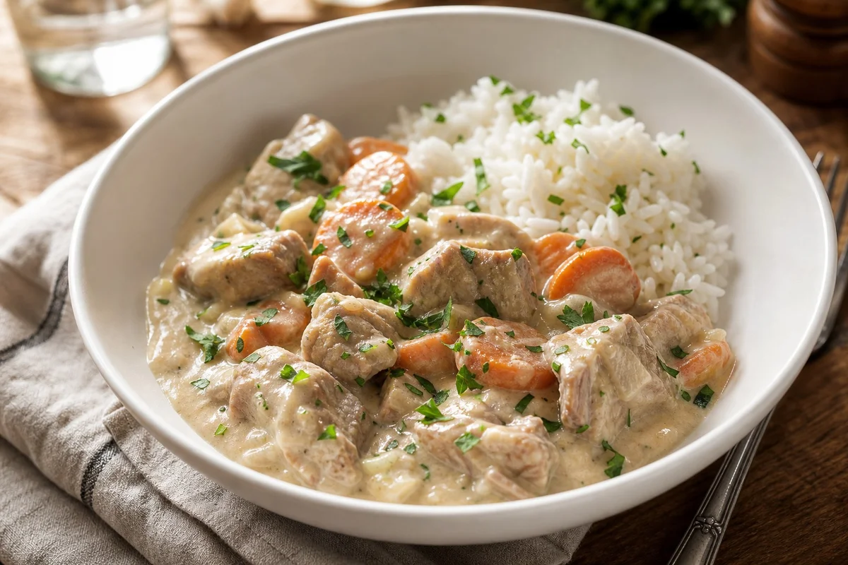 Blanquette de veau servie avec riz blanc – dressage maison Assiette creuse de blanquette de veau nappée de sauce avec riz blanc vapeur et persil frais