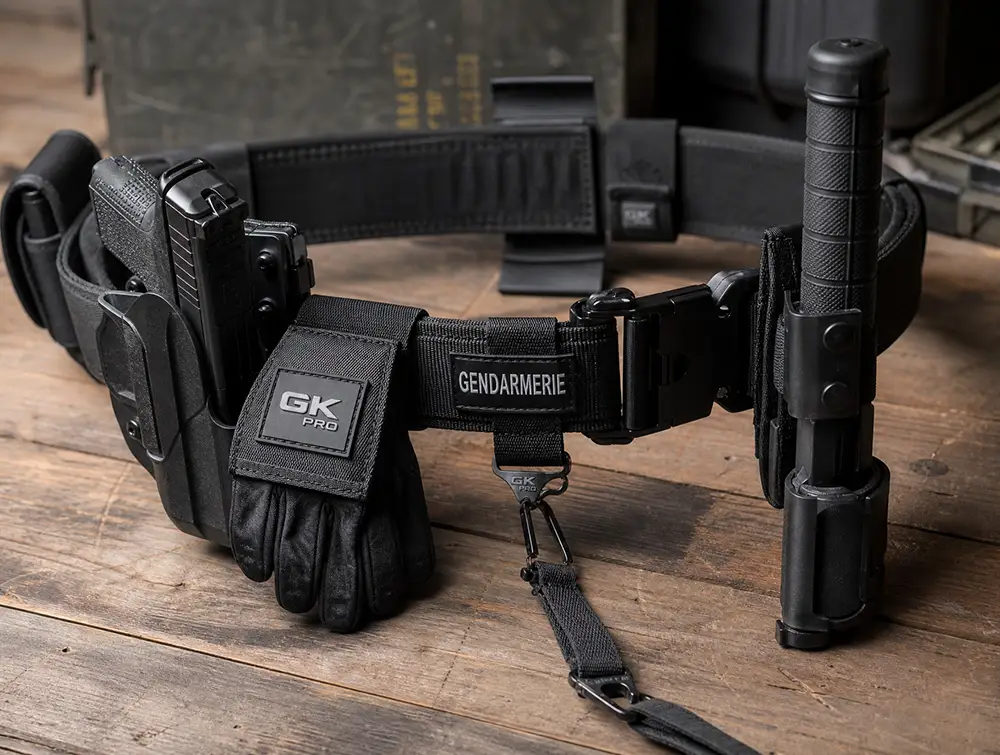 Ceinturon d'intervention 3 points noir avec holster, porte-gants, porte-bâton et dragonne kevlar pour réserviste gendarmerie