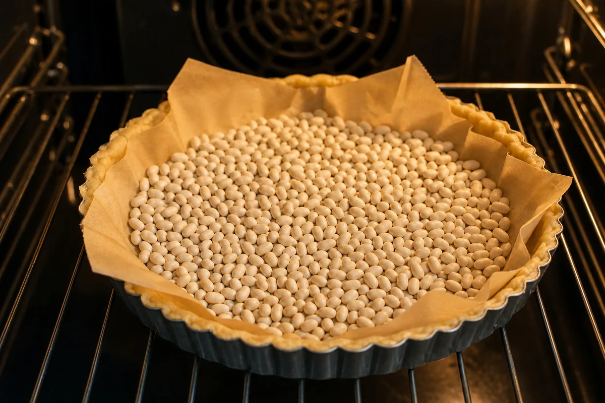Fond de tarte brisée précuit à blanc avec des haricots secs sur papier sulfurisé, dans un moule cannelé posé sur une grille de four
