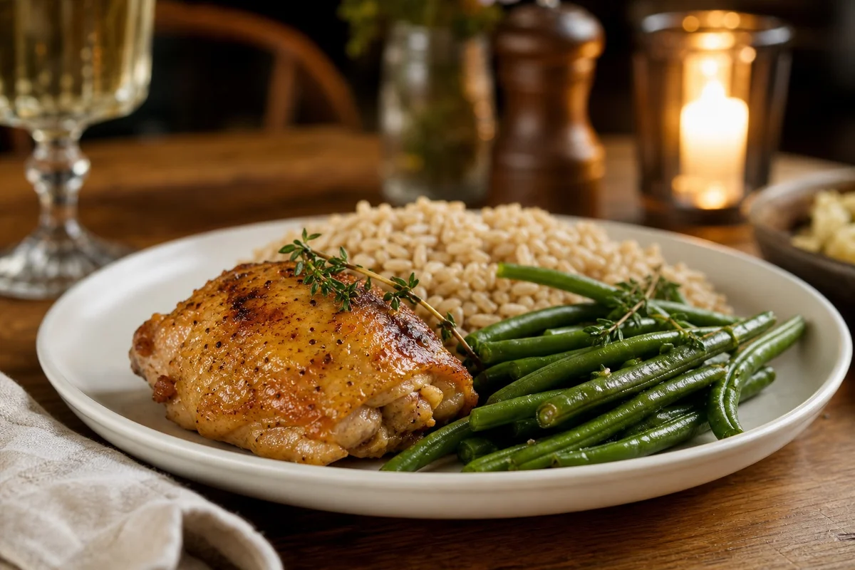 Assiette avec cuisse de poulet rôti, riz complet et haricots verts, dîner flexitarien