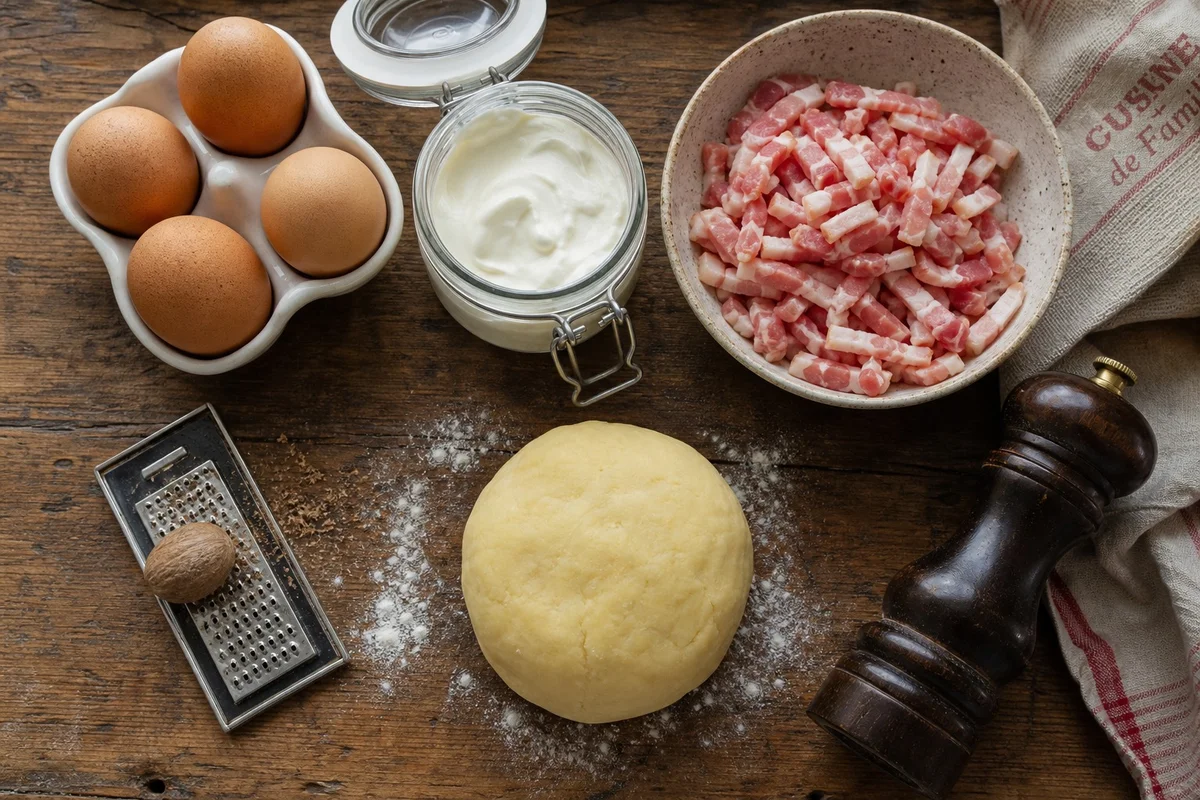 Ingrédients de la recette quiche lorraine authentique posés sur un plan de travail : œufs frais, crème fraîche épaisse, lardons fumés, pâte brisée, muscade et poivre