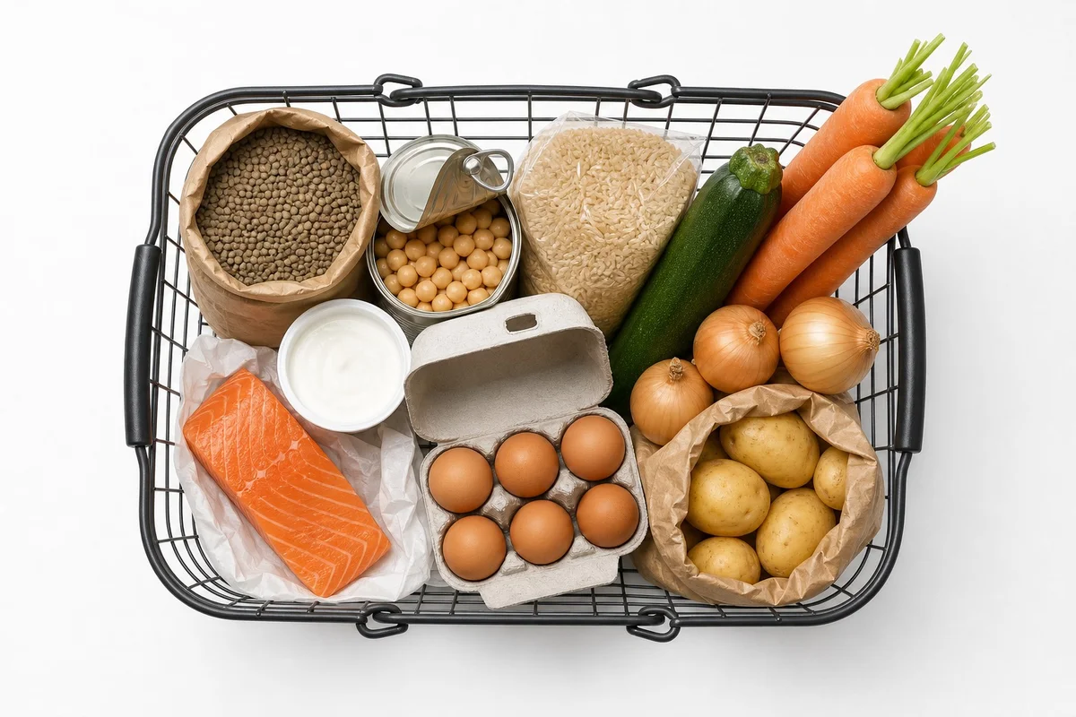 Panier de courses avec légumineuses, céréales, légumes frais et produits de base pour un menu flexitarien
