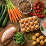 Table avec des légumes colorés, légumineuses et œufs illustrant un menu flexitarien sur 7 jours