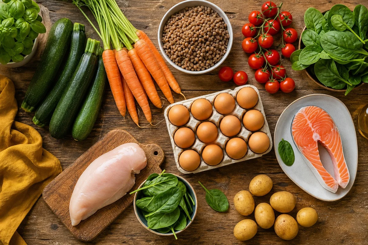 Table avec des légumes colorés, légumineuses et œufs illustrant un menu flexitarien sur 7 jours