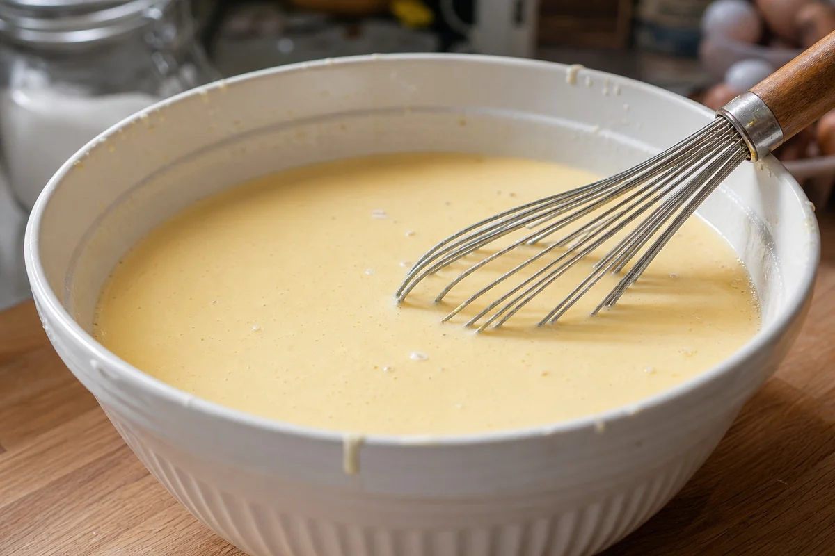 Préparation de la migaine pour quiche lorraine : œufs battus mélangés à la crème fraîche dans un saladier blanc, fouet posé à côté