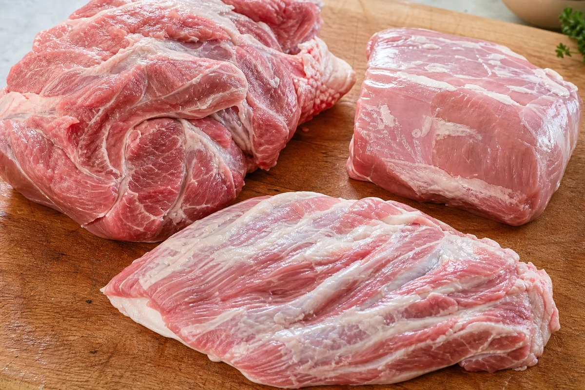 Morceaux de veau pour blanquette – épaule, tendron, flanchet Morceaux de veau crus pour blanquette : épaule, tendron et flanchet sur planche de bois