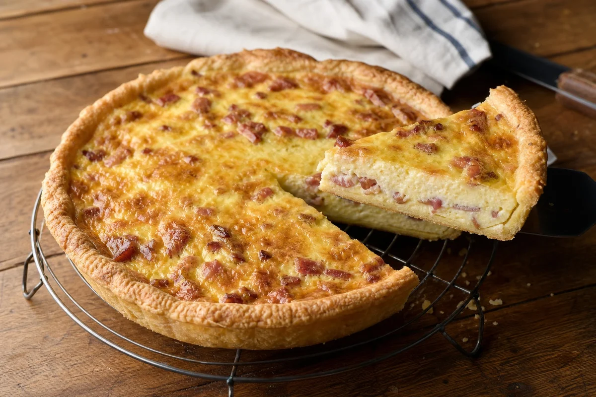 Quiche lorraine authentique sans fromage, bien dorée, posée sur une grille, avec une tranche découpée révélant la migaine crémeuse aux lardons