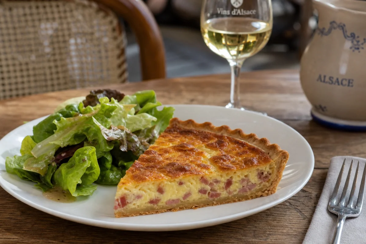 Une part de quiche lorraine sans fromage bien dorée, servie dans une assiette blanche avec une salade verte vinaigrette moutarde, verre de vin blanc à côté