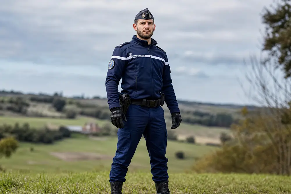 Réserviste de la Gendarmerie nationale en uniforme bleu avec ceinturon, holster et gants tactiques lors d'une patrouille