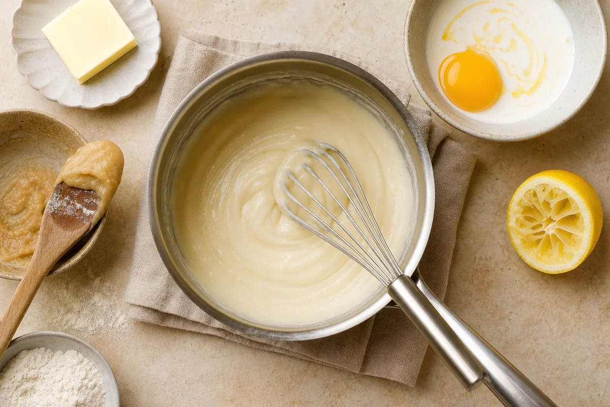 Sauce veloutée blanquette de veau – roux, crème et citron Préparation de la sauce veloutée pour blanquette de veau : roux blond dans casserole, fouet, crème fraîche