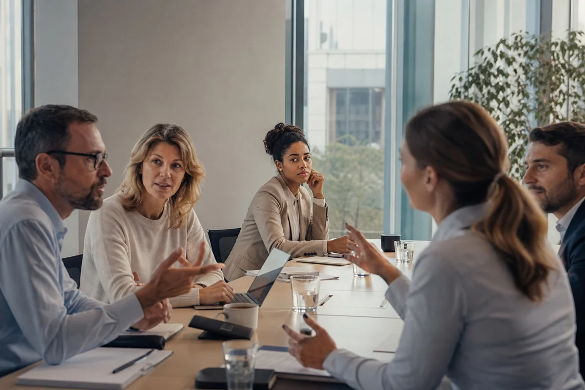 Groupe de travail divers en entreprise illustrant les inégalités de légitimité et le syndrome de l'imposteur