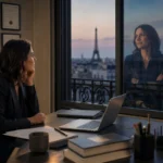 Femme au bureau regardant son reflet dans une vitre, illustrant le syndrome de l'imposteur