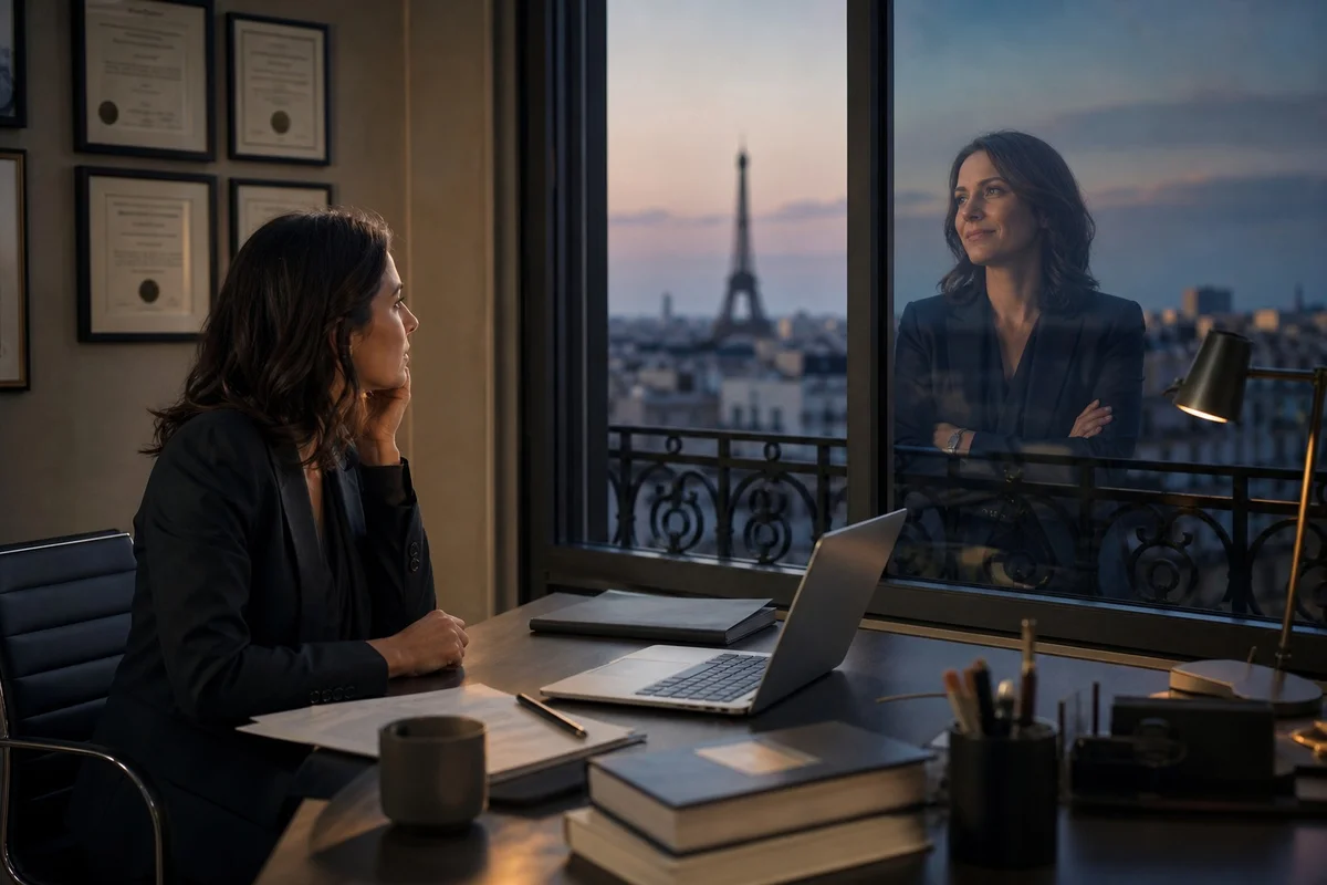 Femme au bureau regardant son reflet dans une vitre, illustrant le syndrome de l'imposteur