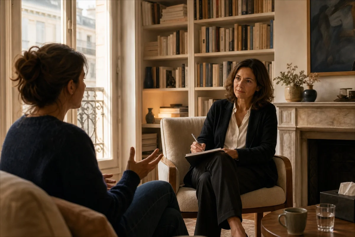 Séance de thérapie entre un psychologue et un patient pour traiter le syndrome de l'imposteur