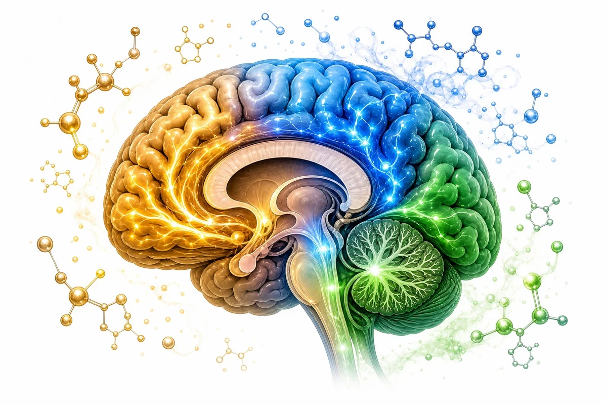 Libération de dopamine et endorphines lors du rire Schéma artistique du cerveau humain avec des zones illuminées symbolisant la dopamine, sérotonine et endorphines lors d'un éclat de rire