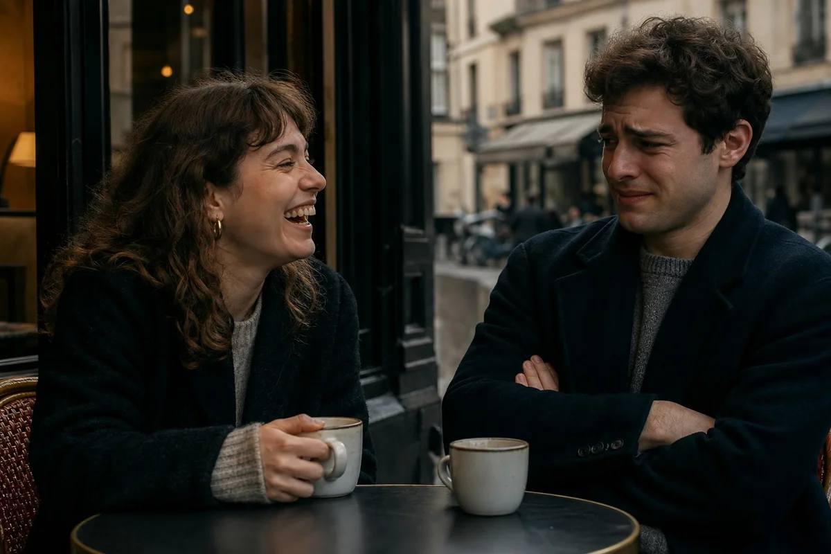 Humour inclusif vs humour blessant — la ligne de partage Deux personnes en conversation, l'une souriante l'autre mal à l'aise, illustrant la frontière entre humour soudant et humour excluant