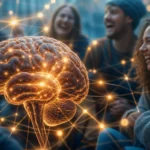 Illustration d'un cerveau humain avec des connexions lumineuses symbolisant le rire et la cohésion sociale