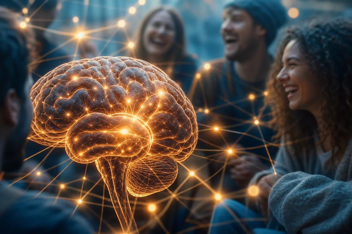 Illustration d'un cerveau humain avec des connexions lumineuses symbolisant le rire et la cohésion sociale