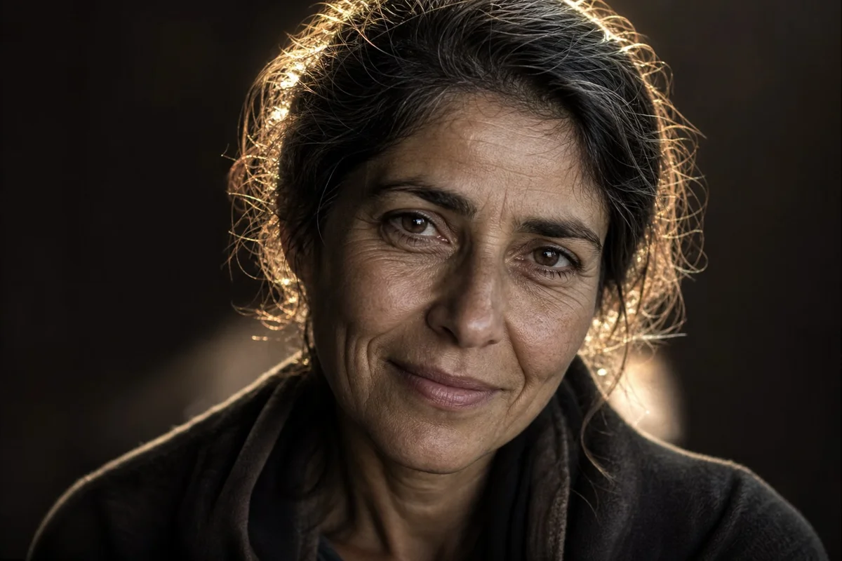 L'humour comme ressource de résilience face à l'adversité Une personne souriant légèrement face à un fond sombre symbolisant l'adversité, lumière douce en contre-jour