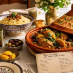 Table dressée avec tajine marocain, couscous et thé à la menthe dans une cuisine française