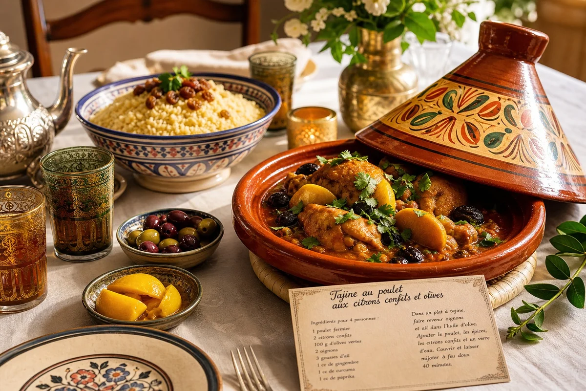 Table dressée avec tajine marocain, couscous et thé à la menthe dans une cuisine française