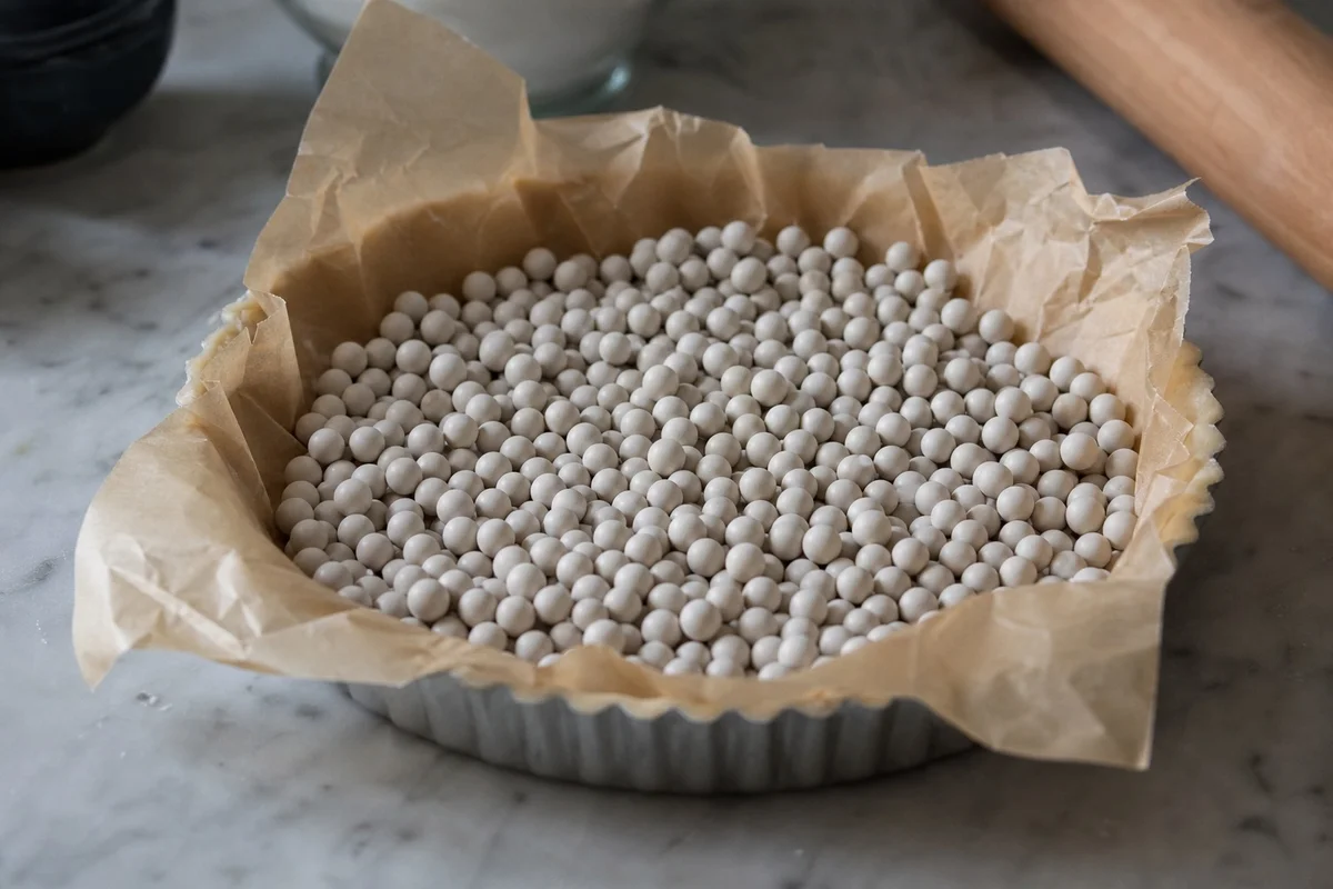 Fond de tarte en pâte brisée garni de papier cuisson et de billes de céramique avant cuisson à blanc